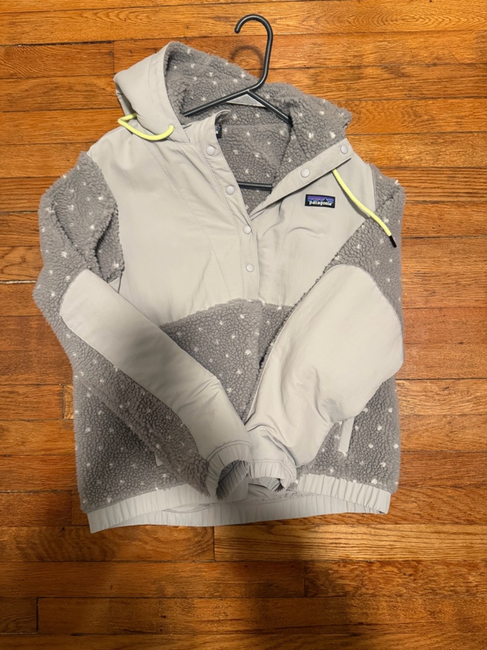 Patagonia Light Gray Sherpa Snap Hoodie with Neon Drawcords